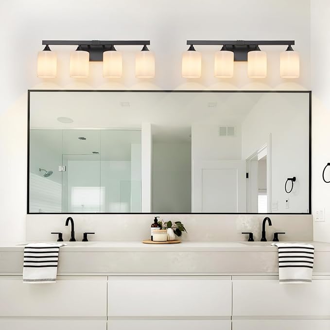 ZHU YAN Bathroom Lights Fixtures Over Mirror,4-Light Vanity Light Fixtures,White Frosted Glass Shades,22 Inches Modern Matte Black Wall Sconces for Bathroom,Bedroom,E26 Base