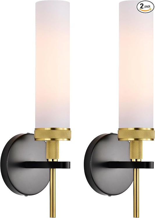 LaLuLa Wall Sconce Set of 2, Black and Gold Vanity Lights for Bathroom, Knurled Detail, Frosted Glass Cylinder Shade, E26 Base, Hardwired, Up or Down Mount, for Hallway, Bedroom, Living Room