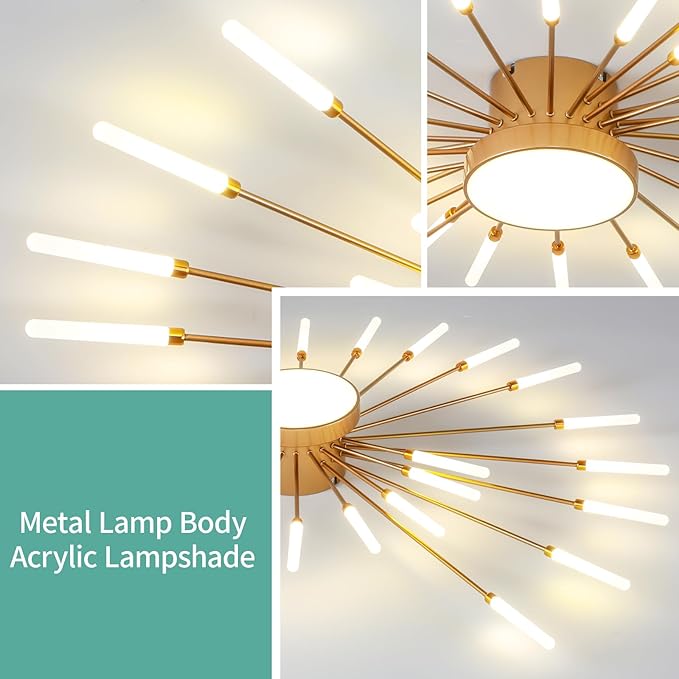ziidoo Modern Ceiling Light, 28+1 Lights Metal Firework Designed Chic Led Lighting Fixture for Farmhouse Kitchen Dining Room Bedroom Hallway Living Room (Gold and Dark Gold)