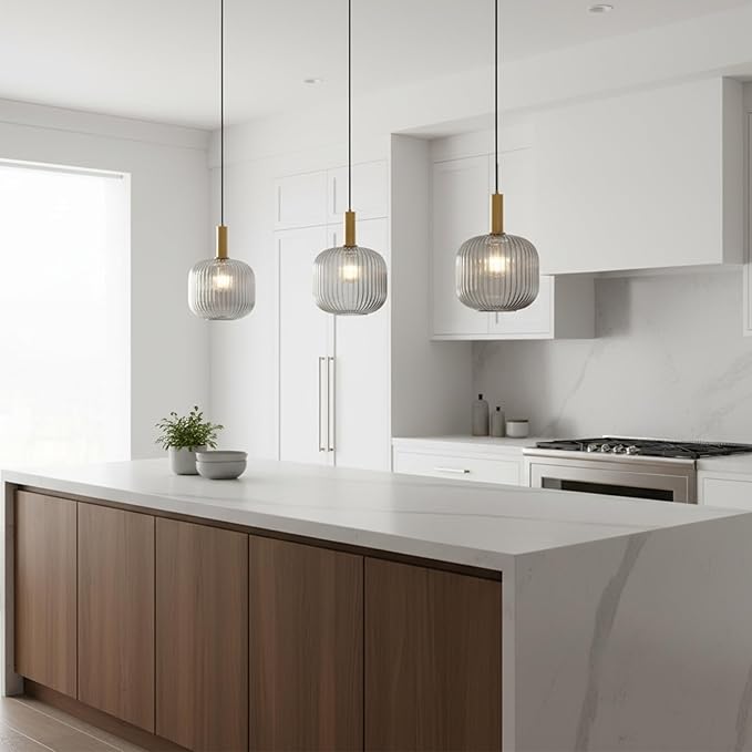 Plug in Pendant Light with Cord, 9.8" Ribbed Glass Hanging Light Fixture, Industrial Smoke Gray Hanging Swag Lamp for Bedroom, Kitchen Island, Dining Room, Living Room, E26 Base