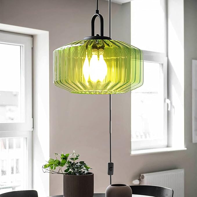 Plug in Pendant Light Green Glass Pendant Lamp Plug in Pendant Light Fixtures Mid Century Modern Hanging Lamp with Cord On/Off Switch Striped Glass Swag Light Dining Room Ceiling Lamp