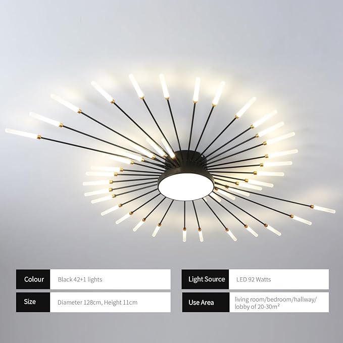 JAYMP 50.4" Ceiling Light Modern Flower Shape Ceiling Lamp for Living Room Dining Room Flush Mount Metal Acrylic Sputnik Firework Petal LED Lighting Fixture (Matte Black, 42+1 Lights)