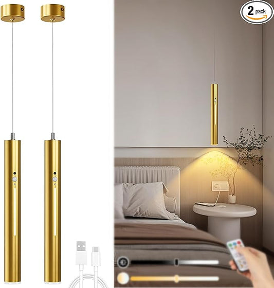 Lightess Battery Operated Pendant Light Motion Sensor Set of 2, Wireless Chandelier with Remote, 3 Color Dimmable, 6000mAh Hanging Light for Kitchen Island Dining Room Bedroom, Gold