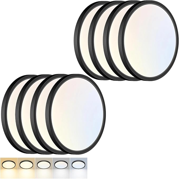 8 Pack LED Flush Mount Ceiling Light,7Inch 15W,3000K/3500K/4000K/5000K/6500K 5 Color Temperatures Ceiling Light Fixture for Kitchen Porch Hallway Bedroom Bathroom and Closet,Black