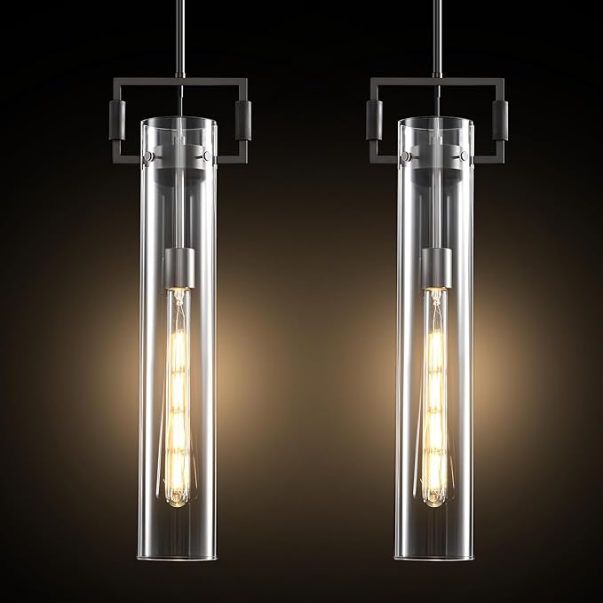 Matte Black Glass Pendant Light: Modern Knurled copper Pendant Lights Kitchen Island Set of 2 - Industrial Hanging Light Fixtures with Long Tube - Height Adjustable Pendants Lighting for Living Room