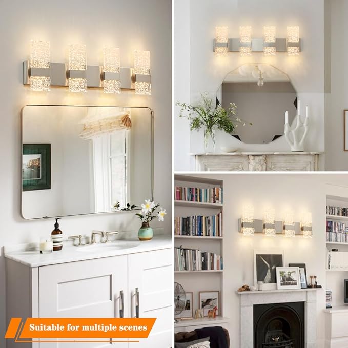 Modern Brushed Nickel 8-Lights Bathroom Vanity Light, Eleglant Nickel LED Bathroom Light Fixtures over Mirror, Dimmable Acrylic Shade Wall Lighting Fixtures, Hardwired Wall Light(H9.25in, L28.35in)
