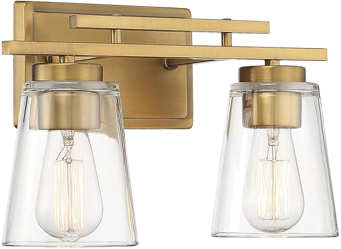Savoy Essentials 8-1020-2-322 Calhoun Modern Clear Glass Bathroom Vanity Wall Light, 2-Light 120 Total Watts, 9" H x 15" W, Warm Brass