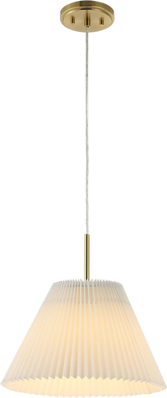 JONATHAN Y 14.25" Brass Gold 1-Light Iron Pendant Light, Classic French Country with White Pleated Shade, Adjustable Height Vintage Shabby Chic Style, LED Bulb Included JYL2407A