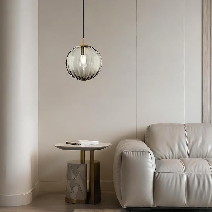 Modern Smoke Grey Glass Pendant Light, Kitchen Island Lighting Single Globe Pendant Light Fixtures Century Kitchen Island Pendant Lighting for Bedroom Living Dining Room Light Fixture （Without Bulb）