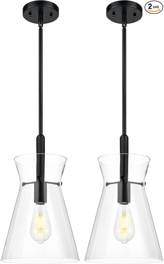 Emak 9 Inch Black Pendant Light, 2 Pack Large Pendant Lights Kitchen Island with Clear Glass Shade, Modern Farmhouse Hanging Light Fixture for Kitchen, Dining Room, Bathroom, PL130-BK-CG-2PK