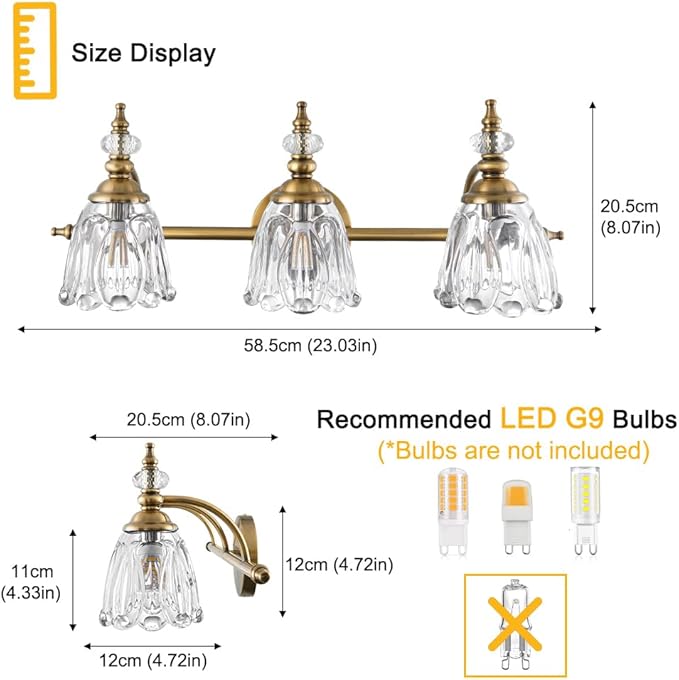 Brushed Gold Bathroom Vanity Light, Farmhouse Brass Bathroom Light Fixtures Over Mirror, 3 Light Vanity Lighting Fixtures, Flower Glass Shade Wall Sconce Lighting