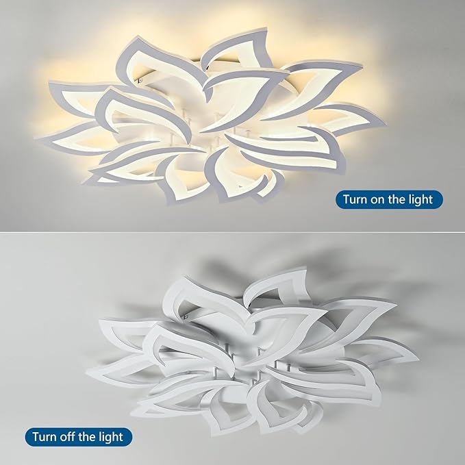 HuixuTe 36" White Modern Geometric Dimmable Ceiling Light Fixture, 15 Leaves Low Profile Flush Mount Ceiling Light for Kitchen, Bedroom, Living Room