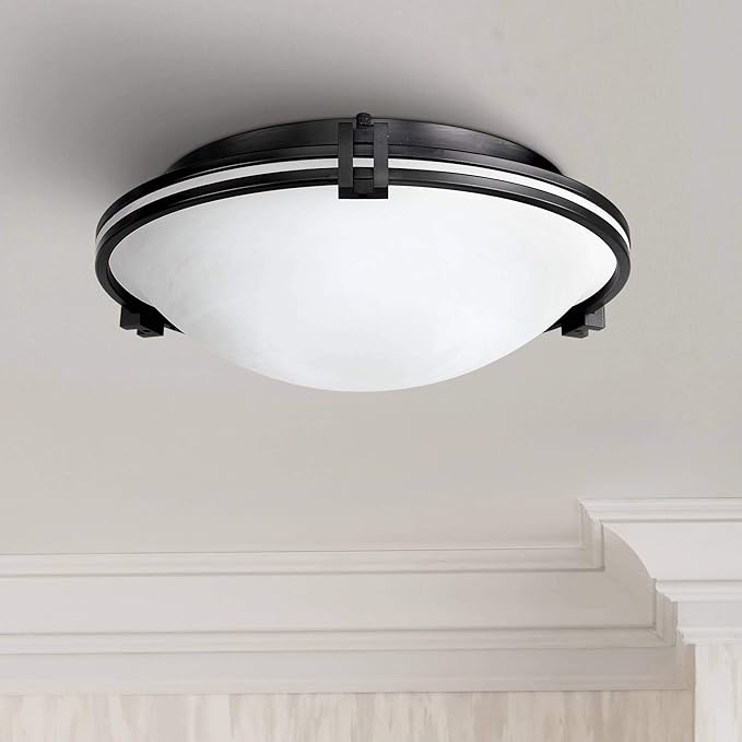 Possini Euro Design Deco Modern Close to Ceiling Light Flush Mount Fixture 16 3/4" Wide Oil Rubbed Bronze Marbleized Glass Bowl Shade for Bedroom Hallway Living Room Dining Room Bathroom Kitchen