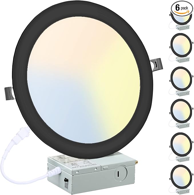 LZHOME 6 Pack 8 Inch LED Recessed Lighting with Junction Box Ultra-Thin, 3000K/4500K/6000K Selectable, 8" Dimmable Canless LED Downlight, 1800LM CRI80 High Brightness 5%-100% Recessed Light (Black)