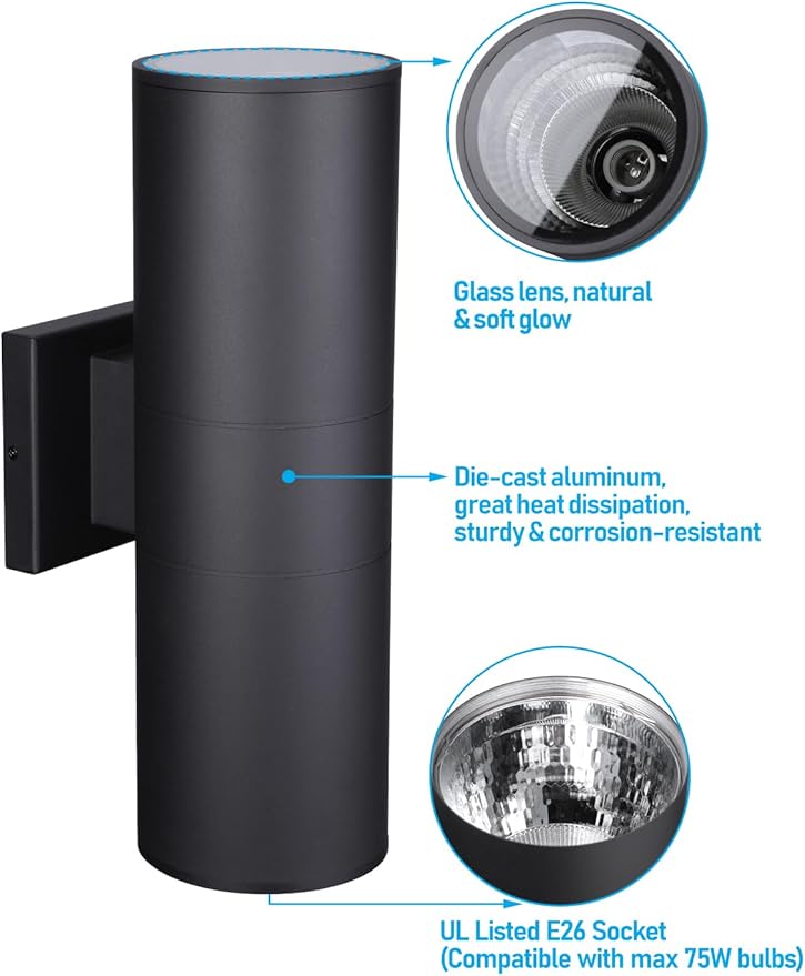 LEONLITE Modern Outdoor Cylinder Wall Lights 18", Up and Down Porch Patio Lights, Matte Black Waterproof Wall Sconce, Aluminum, E26 Base, Exterior Light Fixture Wall Mount, ETL, Pack of 2