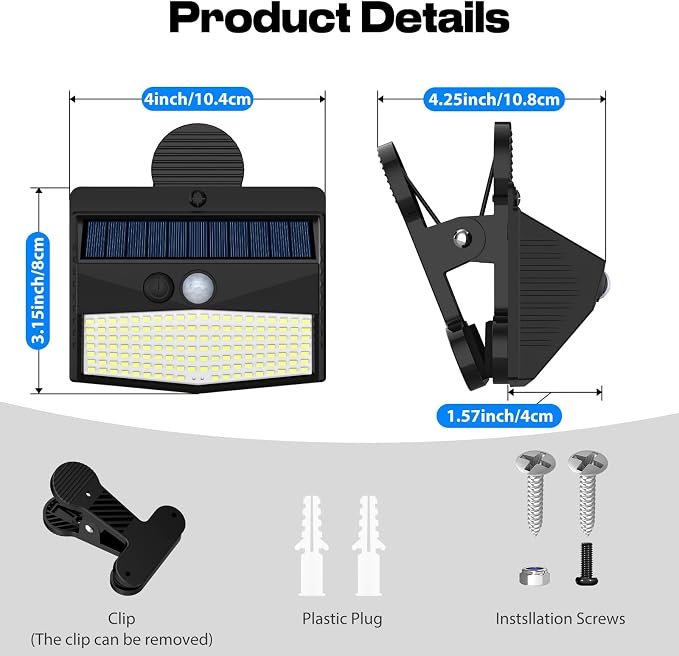 Peasur 1 Pack 138 LED Clip On Solar Lights Outdoor, Motion Sensor Lights with 3 Modes, Solar Security Light Waterproof for Outside Fence, Deck, Gutter, Camping