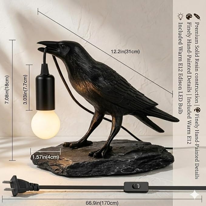 Shandaglo Raven Lamp Gothic Decor, Black Crow Table Lamp with LED Bulb, Unique Dark Aesthetic Night Light for Bedroom Desk, Halloween Home Decoration Gift