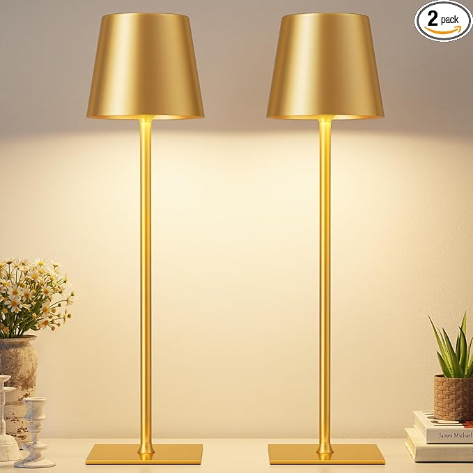 Gold Cordless Rechargeable Table Lamp, 2 Pack Portable Desk Lamp with 5000mAh Battery, Touch Control Stepless Dimming, Wireless Night Light for Dining, Outdoor Camping, Coffee Shop, Waterproof Design