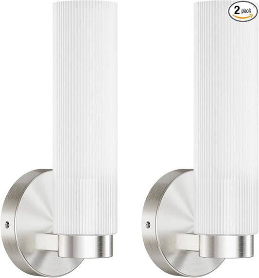TETOTE Brushed Nickel Wall Sconces Set of Two Modern Bathroom Wall Light Fixtures Farmhouse Wall Lights with Frosted Glass Shade for Mirror Bedroom Living Room