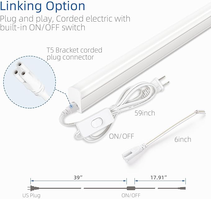 LED Shop Light 2FT, 1100lm, 6000K, 10W, Under Cabinet LED T5 Fixture and Under Counter Lights for Kitchen, Corded Electric with ON/Off Switch (Pack of 2)