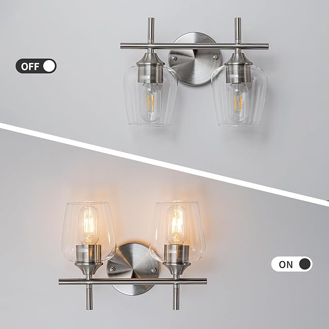 Bathroom Vanity Light Fixtures, 3-Lights Over Mirror Modern Vanity Lighting with Clear Wine Glass Shade Wall Lamp for Bedroom Hallway Living Room (Nickel, 2-Light)