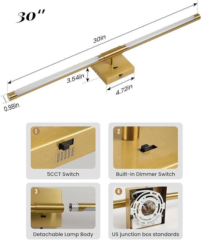 Gold Vanity Light Fixtures for Bathroom Over Mirror 30 inch LED Bath Sconces IP44 5CCT Adjustable Morden Picture Lights for Paintings (Built-in Dimmer)