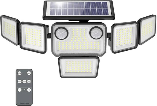 Solar Lights Outdoor, 6000LM 310 LEDs Dual Motion Sensor Solar Flood Lights 6 Heads Security Wall Lights, IP65 Waterproof, Remote Control for Garden, Outside, Backyard, 1 Pack