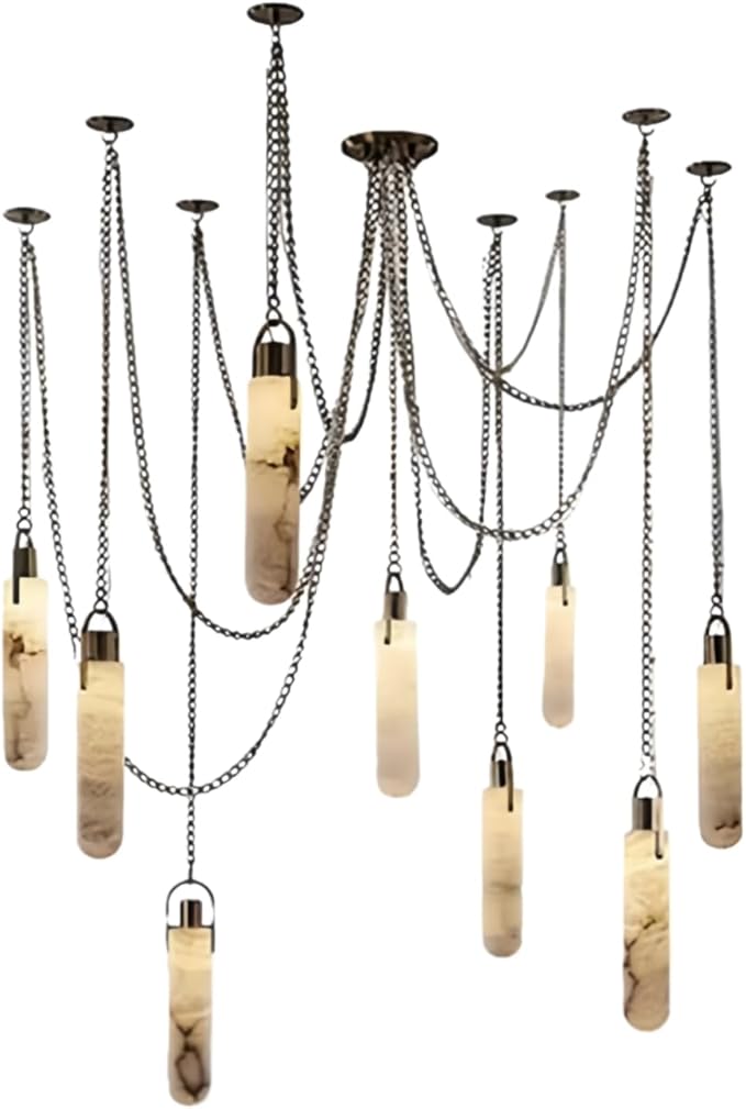 RUIBO Alabaster 9 Light LED Multi-Drop Hanging Pendant Lighting,Cylinder Natural Marble Multi Light Pendant Lights,Living Dining Room Loft Bedroom Modern LED Hanging Lamps(E14)