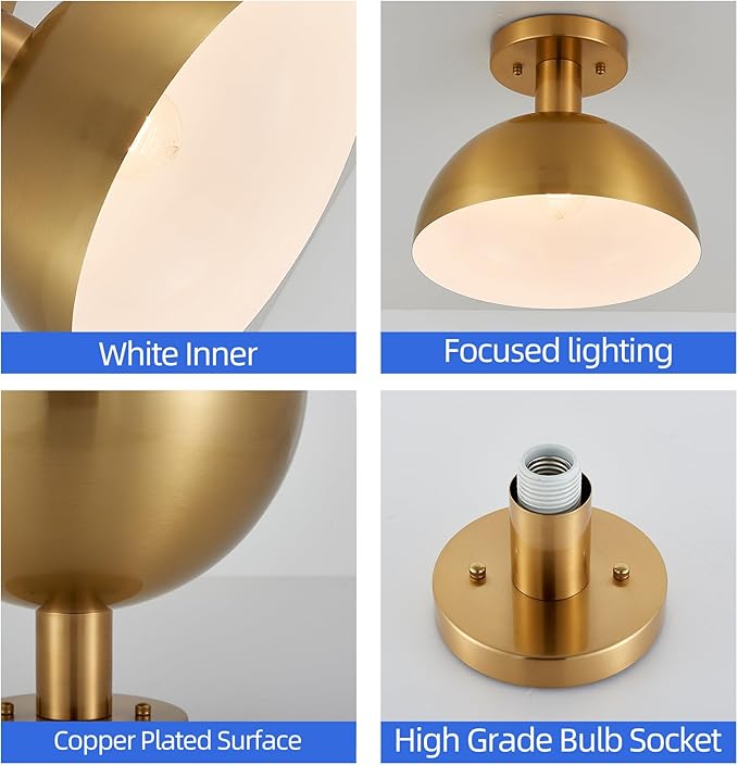 11.8'' Vintage Gold Globe Semi Flush Mount Ceiling Light Fixture, Farmhouse Hallway Light Mid Century Modern Ceiling Mount Lamp Light Fixture for Living Room Bedroom Kitchen Entryway