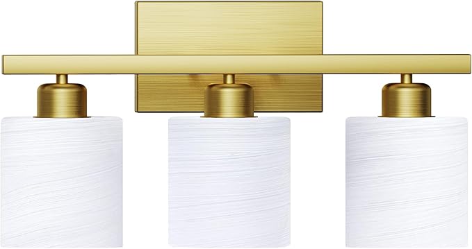 PARTPHONER Bathroom Light Fixtures, Bathroom Lighting Fixtures Over Mirror, Interior Classic Vanity Lights, Modern Vanity Light with Textured White Glass Shade, Brushed Gold, 3-Light