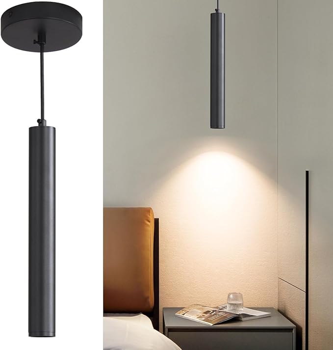 Modern LED Pendant Light for Kitchen Island, 3 Color 3000K/4500K/6500K, Black Minimalist Linear Hanging Light Fixture, 8W 800 Lumen, Mini Ceiling Chandelier for Dining Room, Bedroom, Hallway