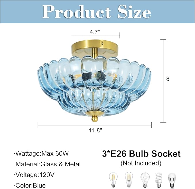 11.8 inch Kitchen Ceiling Light, 3-Light Semi Flush Mount Ceiling Lamp with Flower Glass, Modern Close to Ceiling Light Fixtures for Bathroom Bedroom Hallway Entryway, Blue