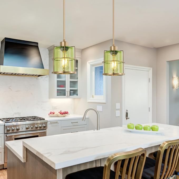 Farmhouse Pendant Lights Kitchen Island Set Of 2, Black Kitchen Pendant Lighting Over Sink, Adjustable Bathroom Pendant Lights, Ceiling Hanging Fixture With Green Glass For Dining Room Hallway