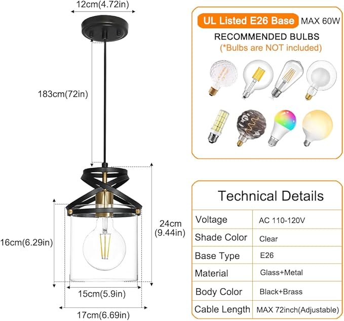 Black Kitchen Pendant Lighting over Island, Modern Glass Pendant Lighting, Hanging Lights for Living Room Set of 2, Pendant Lights Kitchen Island 2 Pack, Pendant Lamp for Dining Room, Hallway, Sink