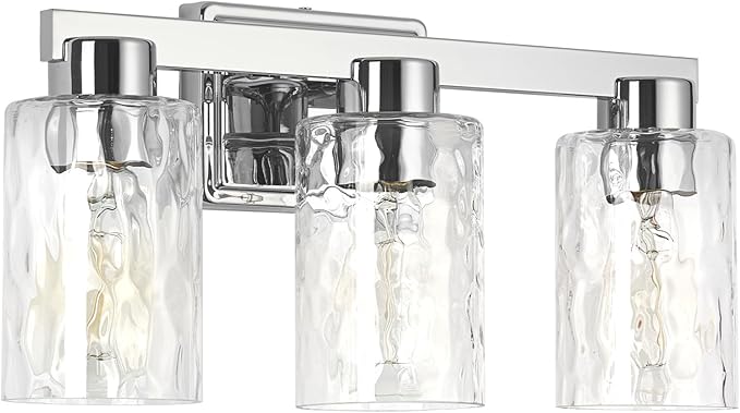 3-Light Bathroom Light Fixtures Modern Chrome Vanity Lights with Water Ripple Glass Wall Sconces Over Mirror for Bathroom, Powder Room, Living Room