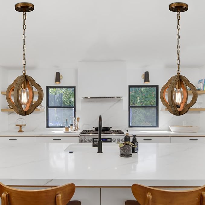 SAMTEEN Farmhouse Wood Pendant Lights Kitchen Island, Vintage Wooden Pendant Lighting Rustic 1-Light Wood Hanging Ceiling Light Fixture for Hallway Bedroom Entrance, Adjustable Chain