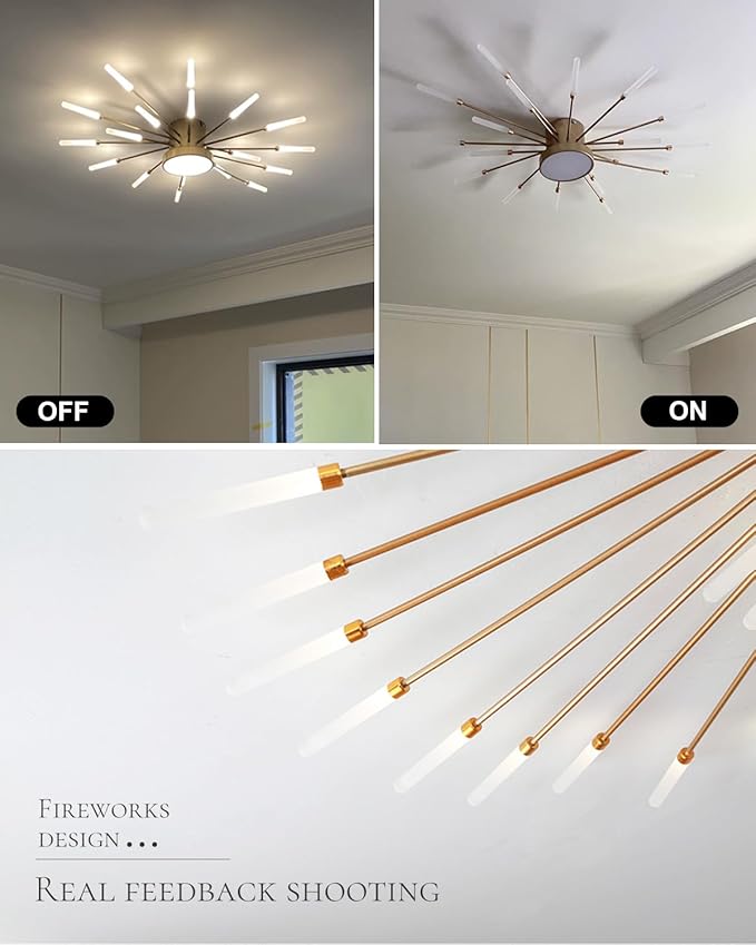 4000K Sputnik Metal Firework Designed Chandelier 18+1 Lights LED Ceiling Light Fixture Modern Flower Shape Ceiling Lamp Gold Flush Mount Ceiling Light for Living Room Bedroom Entryway Light Fixture