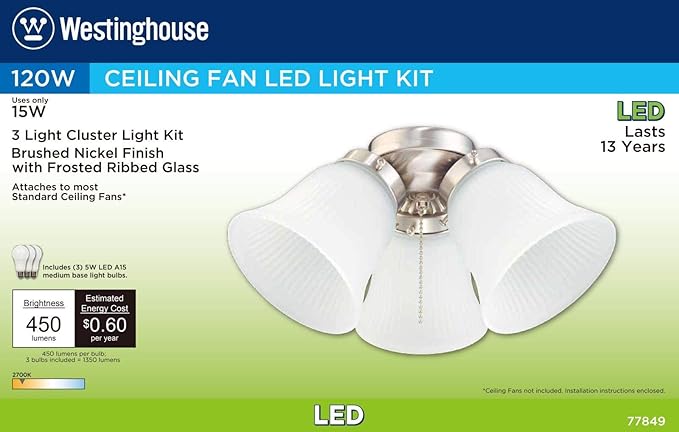 Westinghouse 7784900 Three LED Cluster Ceiling Fan Light Kit, Brushed Nickel Finish with Frosted Ribbed Glass, White