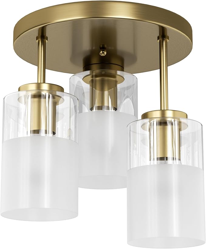 Maxax 3-Lights Brass Semi Flush Mount Ceiling Light Fixture, 11.5" Modern Farmhouse Light Fixture with Clear Frosted Glass, E26 Base, for Kitchen, Foyer, Hallway, Entryway, Bedroom, Stairs
