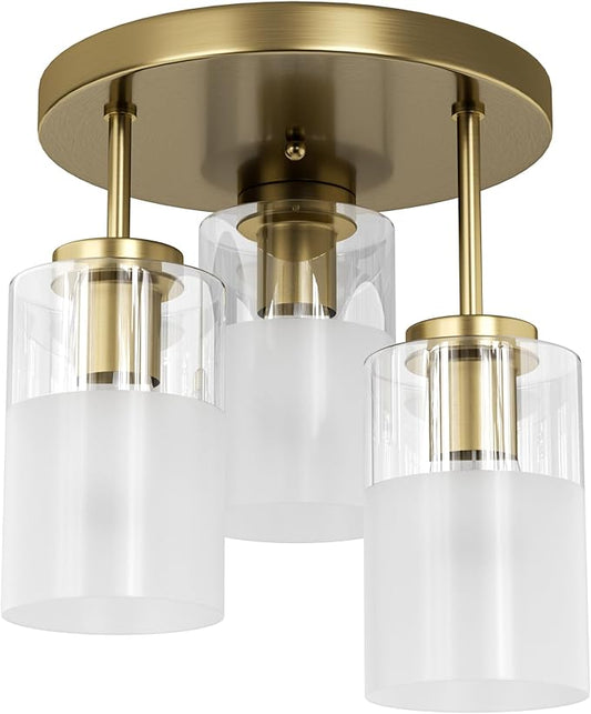 Maxax 3-Lights Brass Semi Flush Mount Ceiling Light Fixture, 11.5" Modern Farmhouse Light Fixture with Clear Frosted Glass, E26 Base, for Kitchen, Foyer, Hallway, Entryway, Bedroom, Stairs