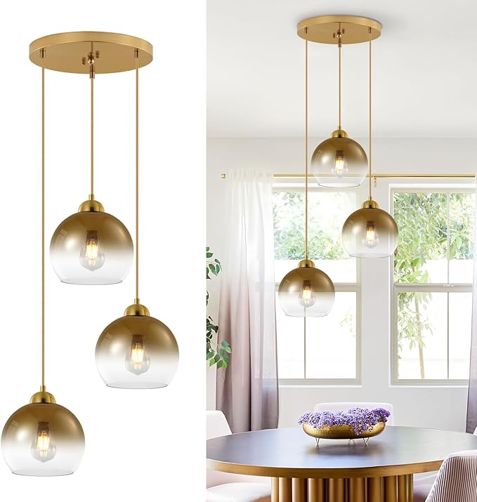 Modern Gradient Gold Glass Pendant Light,3-Light Globe Adjustable Hanging Pendant Light for Bedroom Kitchen Island Dining Room Stairwell
