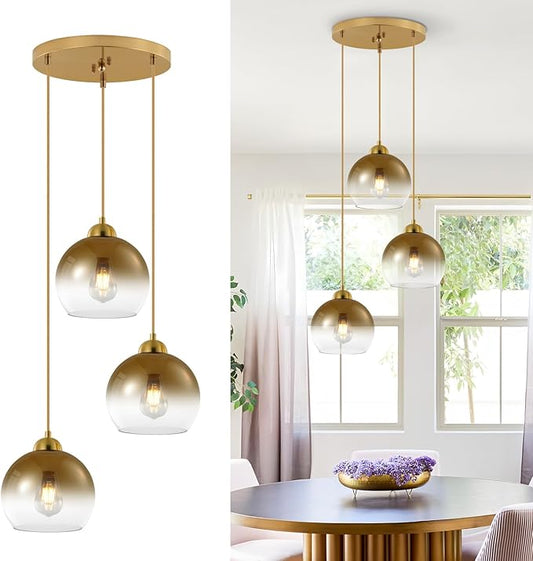 Modern Gradient Gold Glass Pendant Light,3-Light Globe Adjustable Hanging Pendant Light for Bedroom Kitchen Island Dining Room Stairwell