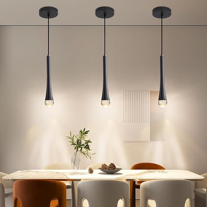 Modern Black LED Pendant Light, Kitchen Island Ceiling Hanging Lights, Teardrop Bubble Crystal, 3 Color 2700K/4500K/6500K, Bedside Small Chandeliers Lamps for Bar, Dining Room, Bathroom, Hallway