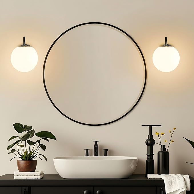 2-Pack Wall Sconce for Bathroom, Vintage Matte Black Vanity Lights, Wall Mount Light Fixtures With Milk Glass Globe Shade, Indoor Wall Lights Fixture for Bedroom Living Room Mirror Hallway(G9 Incl.)