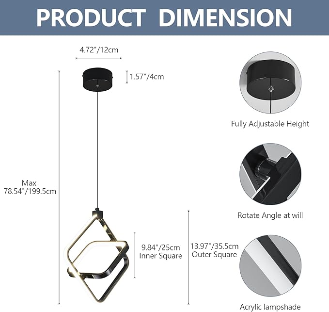 Modern LED Pendant Lights Plated Black Rectangular Pendant Light Fixtures 4000K 20W Dimmable Pendant Lighting for Dining Room Kitchen Island Bedroom Living Room Foyer（3-Pack）