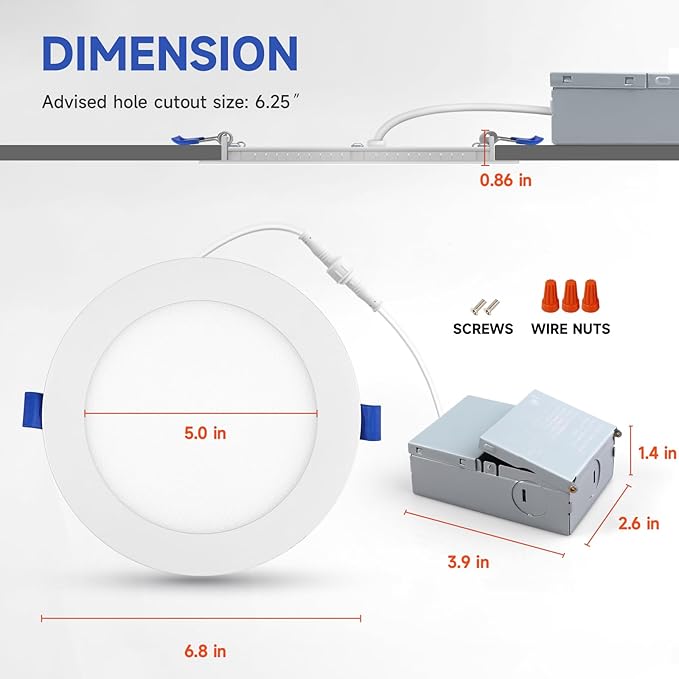 ECOELER 6 Inch Ultra-Thin LED Recessed Lighting with Junction Box, 12W 4000K Cool White, Dimmable Can-Killer Downlight, 1100Lm High Brightness, ETL Listed
