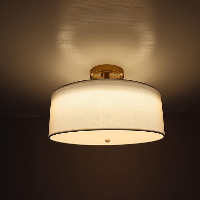 Dimmable Gold Semi Flush Mount Ceiling Light with Drum Shade Ceiling Light Fixture 30W 3000K/4500K/5500K Brass LED Flush Mount Light for Bedroom Hallway Living Room, 15-Inch