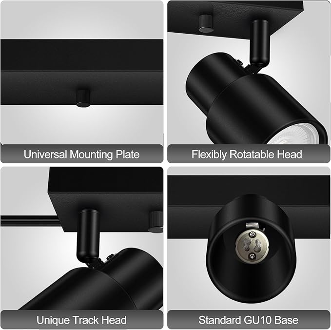 Plug in Track Lighting Fixtures Ceiling, Black Track Light LED, 2-Light Plug in Wall Lights with Cord, 2 Way Ceiling Spotlight, Rocker Switch, Rotatable Spotlight for Bedroom, Bulb Not Included