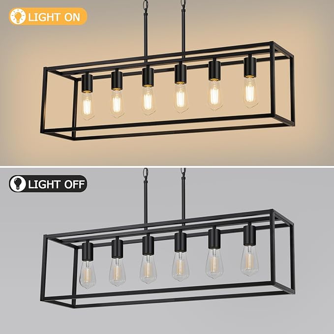 Boncoo 6 Light Black Chandeliers for Dining Room, Adjustable Height Linear Chandelier Kitchen Light Fixture, Modern Farmhouse Chandelier Rectangle Island Light for Kitchen Hanging Light Fixtures