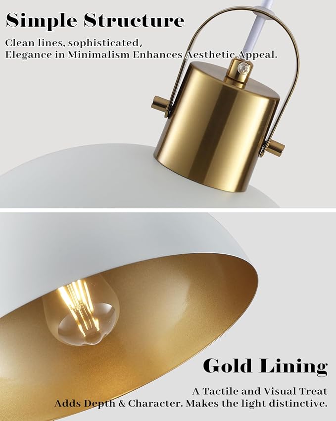 White and Gold Pendant Light 2 Pack, 11.8 Inch Dome Pendant Lights Kitchen Island, White Farmhouse Pendant Lights for Kitchen Island, Dining Room, Living Room